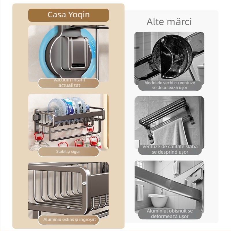 Raft de prosoape fără găuri pentru baie, fixare cu ventuză, aliaj de aluminiu, coș plasă