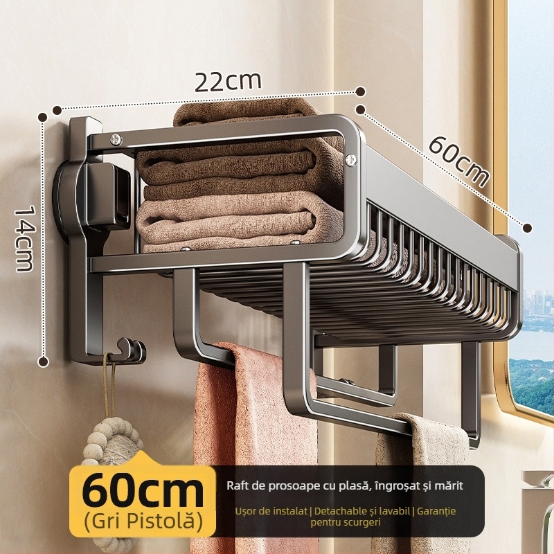 Raft de prosoape fără găuri pentru baie, fixare cu ventuză, aliaj de aluminiu, coș plasă