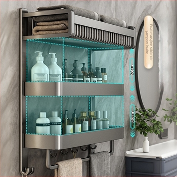 Chef jun Suport de prosoape din aliaj de aluminiu, montat pe perete, cu raft integrat pentru baie, stil modern minimalist, 3 etaje