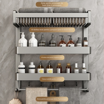 Chef jun Suport de prosoape din aliaj de aluminiu, montat pe perete, cu raft integrat pentru baie, stil modern minimalist, 3 etaje