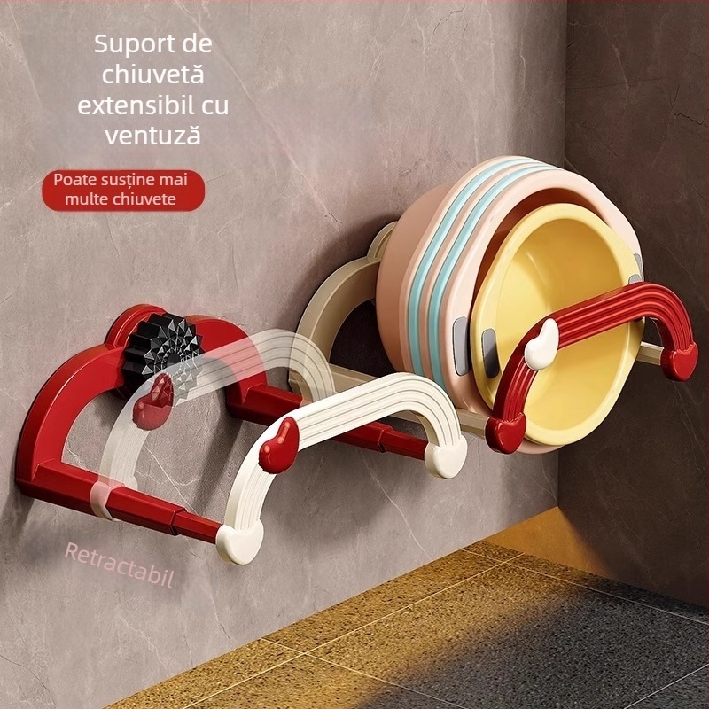 Mingtong Suport telescopic pentru chiuvetă cu ventuză, montat pe perete fără găuri, din plastic, 3 kg încărcare, 1 nivel, stil modern