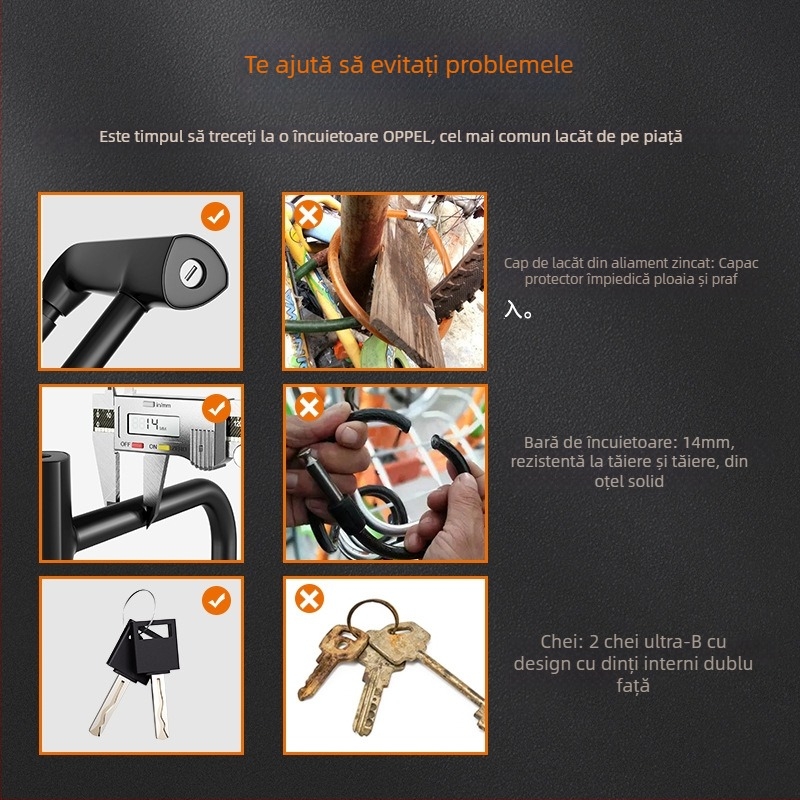 OPEL UC-K-1 Lacăt U din Fier pentru Bicicletă și Vehicul Electric — Anti-smash, Anti-pry, Waterproof, 0,6 kg