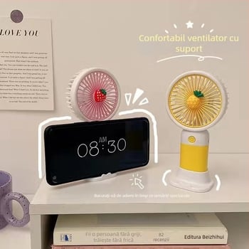 Mini ventilator de birou portabil, stil desen animat, construcție din plastic (Material: Plastic; Stil: Cartoon, Mini; Pentru cămine studențești)