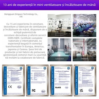 Ventilator USB de mână, mic, cu baterie încorporată, 5 palete, motor brushless, 5 trepte de viteză, autonomie de 6–8 ore.