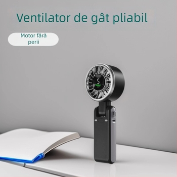 Ventilator USB de mână, mic, cu baterie încorporată, 5 palete, motor brushless, 5 trepte de viteză, autonomie de 6–8 ore.