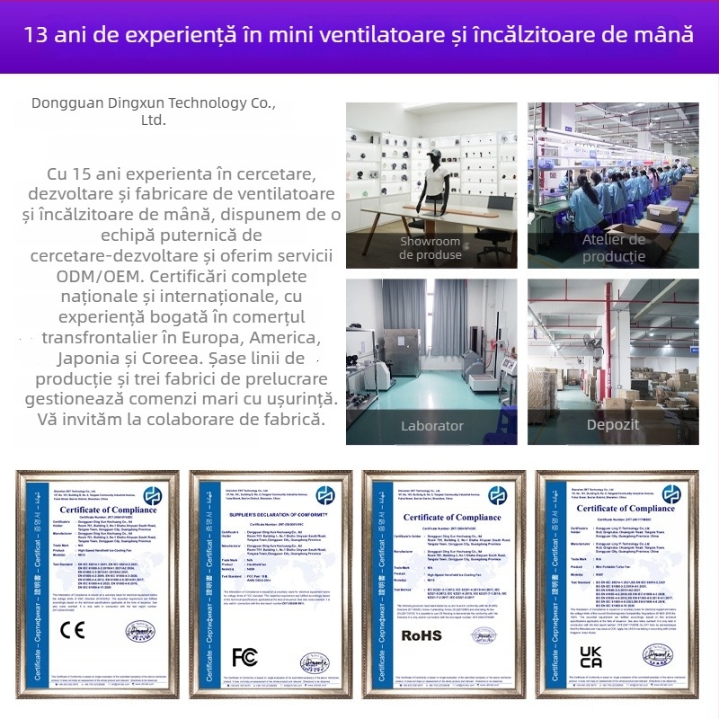 Ventilator USB de mână, mic, cu baterie încorporată, 5 palete, motor brushless, 5 trepte de viteză, autonomie de 6–8 ore.