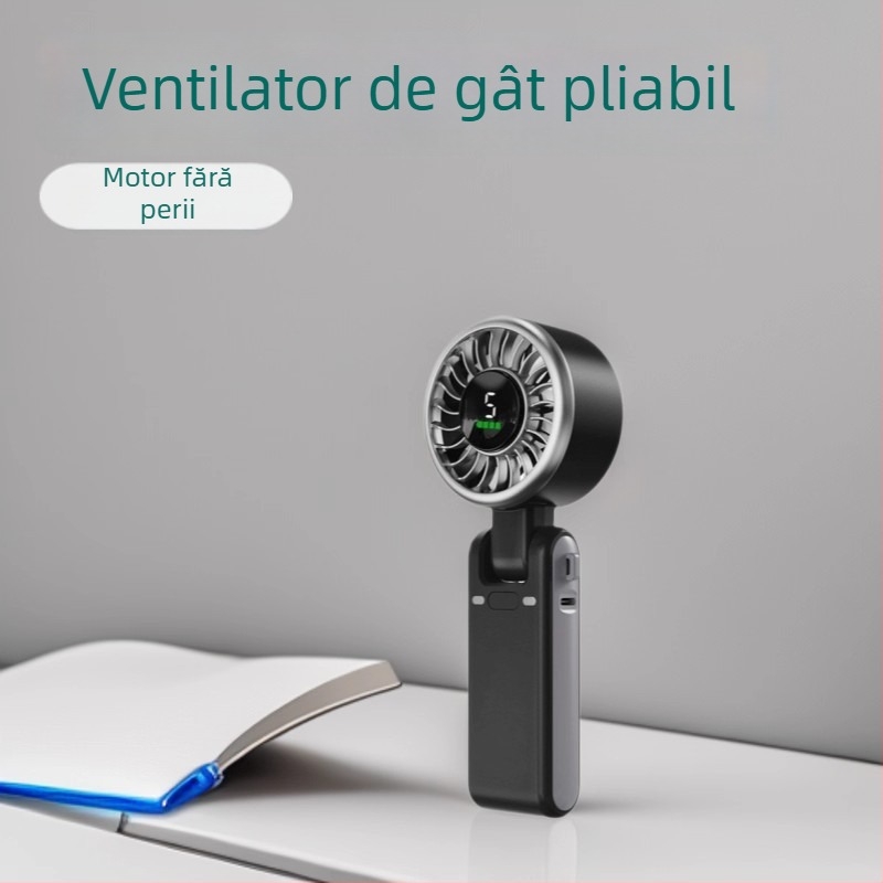 Ventilator USB de mână, mic, cu baterie încorporată, 5 palete, motor brushless, 5 trepte de viteză, autonomie de 6–8 ore.