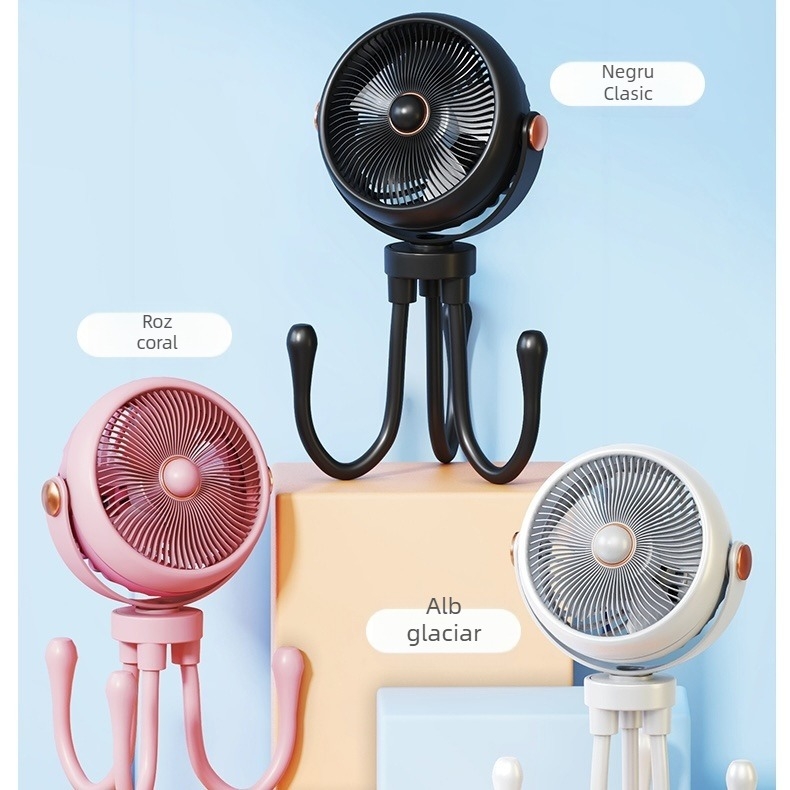 Ventilator portabil tip octopus pentru cărucioare și călătorii, încărcare USB, baterie încorporată 800–1000 mAh, 3 palete, 3 trepte de viteză, zgomot 36–45 dB