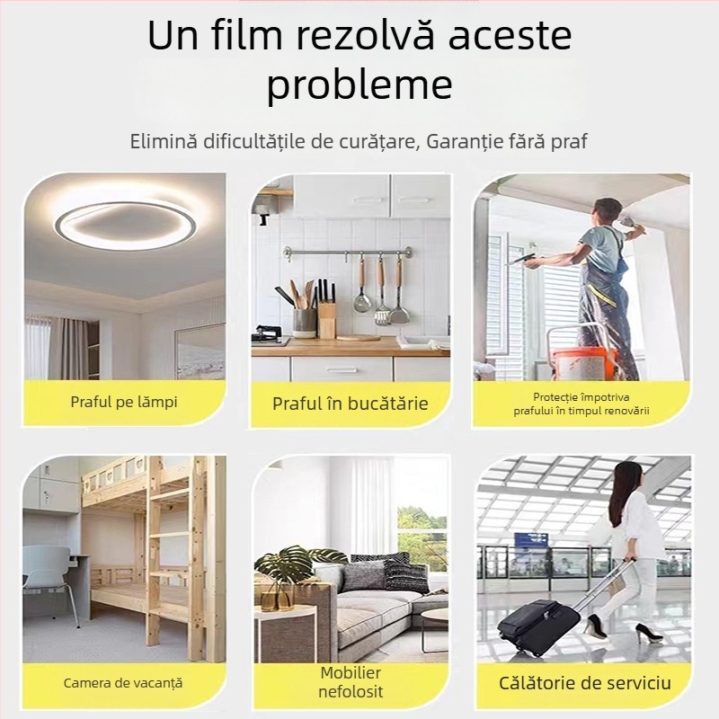 Folie de protecție împotriva prafului din PE pentru uz casnic, folie de mascare pentru mobilier și pereți, folie plastică decorativă de unică folosință, seria Dust-Proof Film, grosime 0,006 mm, miez din hârtie, adeziv cu topire la cald