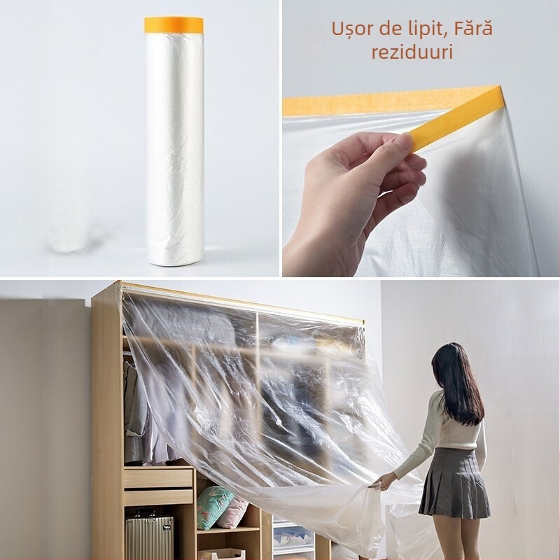 Folie de protecție împotriva prafului din PE pentru uz casnic, folie de mascare pentru mobilier și pereți, folie plastică decorativă de unică folosință, seria Dust-Proof Film, grosime 0,006 mm, miez din hârtie, adeziv cu topire la cald