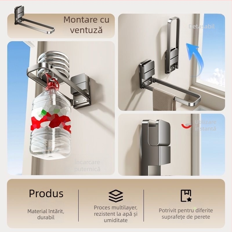 Suport pentru prosoape de baie din metal, pliabil, cu ventuză, montaj pe perete, brand Qinjiu