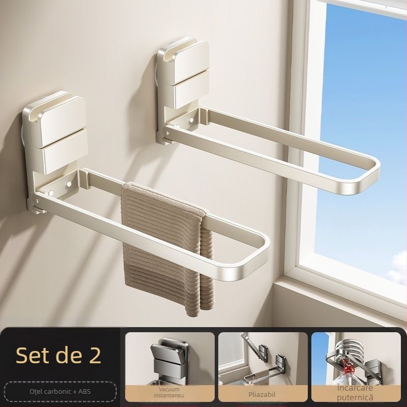Suport pentru prosoape de baie din metal, pliabil, cu ventuză, montaj pe perete, brand Qinjiu