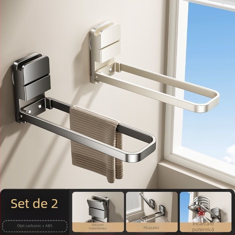 Suport pentru prosoape de baie din metal, pliabil, cu ventuză, montaj pe perete, brand Qinjiu