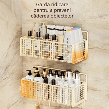 Raft de depozitare montat pe perete cu coș suspendat, montaj fără găuri, 1 nivel, finisaj vopsit în cuptor, stil modern minimalist