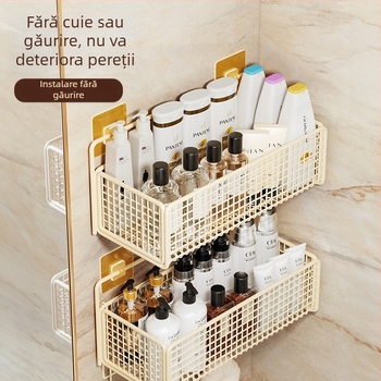 Raft de depozitare montat pe perete cu coș suspendat, montaj fără găuri, 1 nivel, finisaj vopsit în cuptor, stil modern minimalist