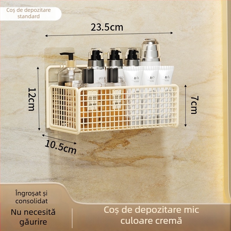 Raft de depozitare montat pe perete cu coș suspendat, montaj fără găuri, 1 nivel, finisaj vopsit în cuptor, stil modern minimalist
