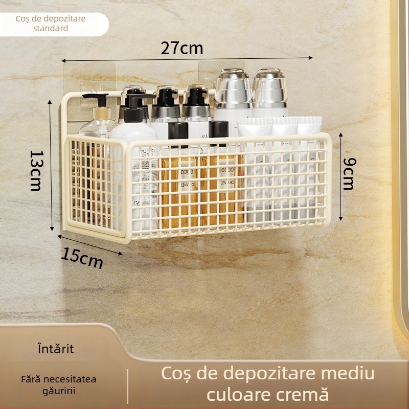 Raft de depozitare montat pe perete cu coș suspendat, montaj fără găuri, 1 nivel, finisaj vopsit în cuptor, stil modern minimalist