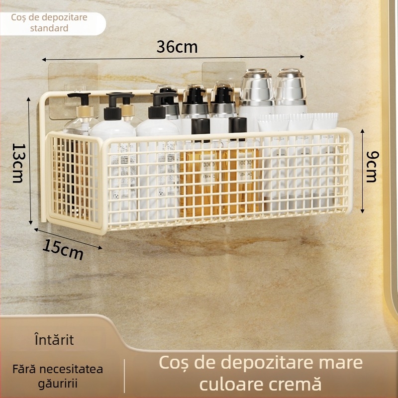 Raft de depozitare montat pe perete cu coș suspendat, montaj fără găuri, 1 nivel, finisaj vopsit în cuptor, stil modern minimalist