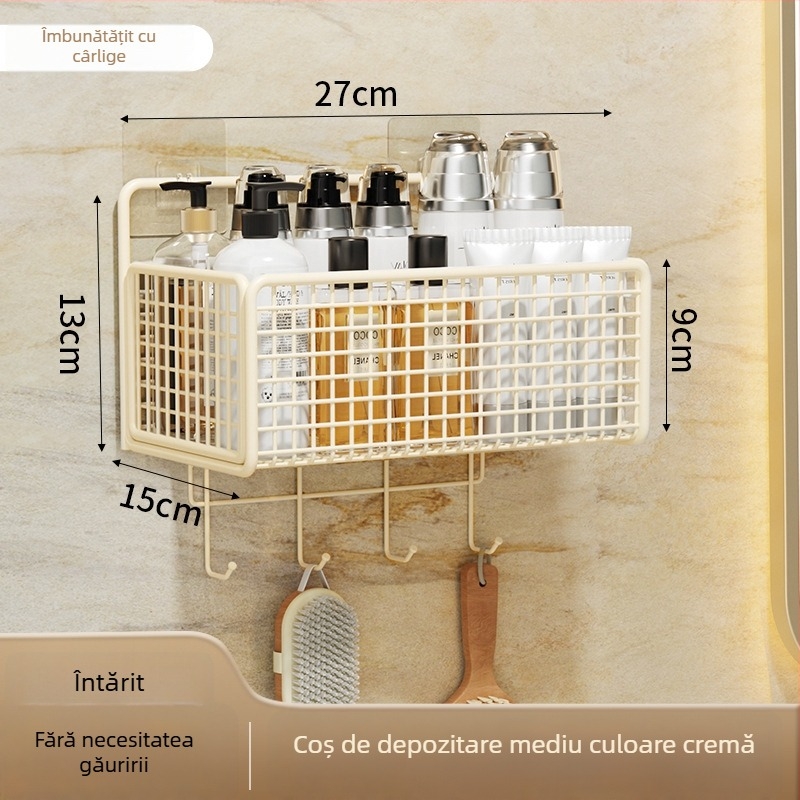 Raft de depozitare montat pe perete cu coș suspendat, montaj fără găuri, 1 nivel, finisaj vopsit în cuptor, stil modern minimalist
