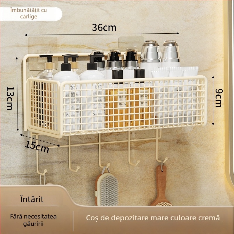 Raft de depozitare montat pe perete cu coș suspendat, montaj fără găuri, 1 nivel, finisaj vopsit în cuptor, stil modern minimalist