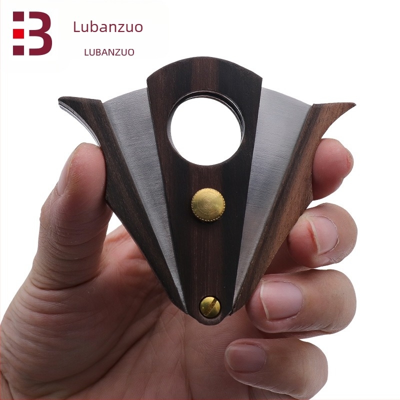 Foarfecă pentru țigară în formă de liliac, din oțel inoxidabil și lemn, lame cu margine dublă, finisaj cu textură de lemn, Luban