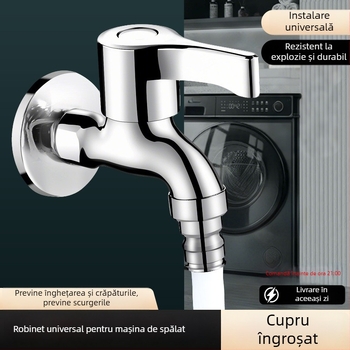 Robinet pentru mașina de spălat, cupru fin, montaj în perete, 20 mm intrare/ieșire, robinet cu disc ceramic, finisaj periat