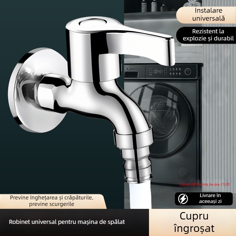 Robinet pentru mașina de spălat, cupru fin, montaj în perete, 20 mm intrare/ieșire, robinet cu disc ceramic, finisaj periat