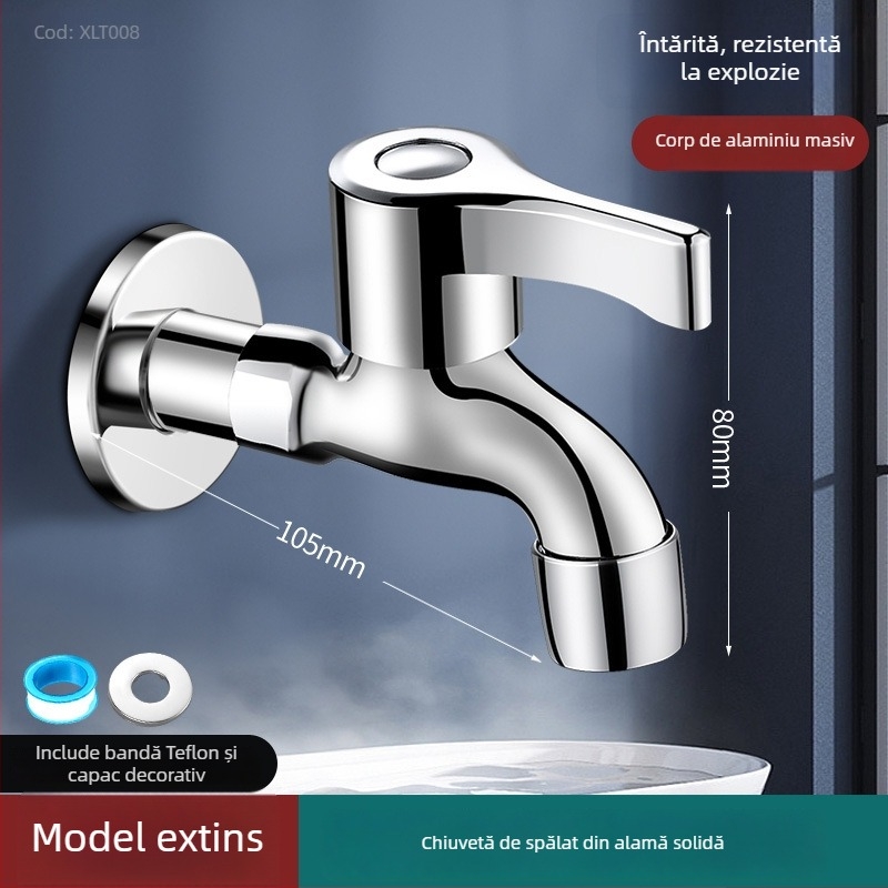 Robinet pentru mașina de spălat, cupru fin, montaj în perete, 20 mm intrare/ieșire, robinet cu disc ceramic, finisaj periat