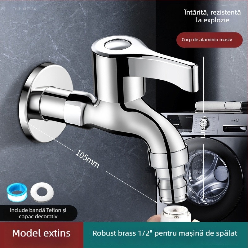 Robinet pentru mașina de spălat, cupru fin, montaj în perete, 20 mm intrare/ieșire, robinet cu disc ceramic, finisaj periat