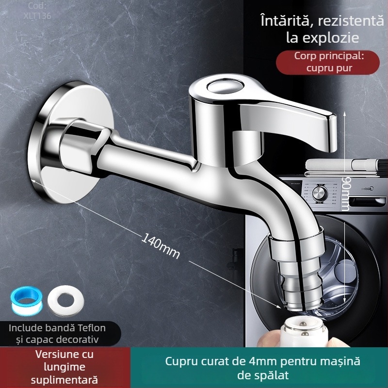 Robinet pentru mașina de spălat, cupru fin, montaj în perete, 20 mm intrare/ieșire, robinet cu disc ceramic, finisaj periat