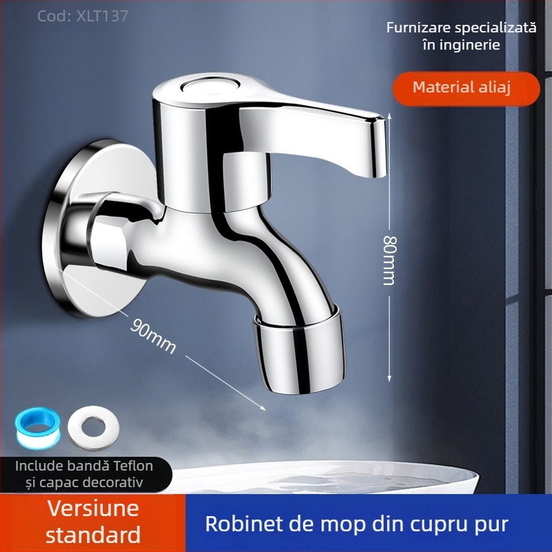 Robinet pentru mașina de spălat, cupru fin, montaj în perete, 20 mm intrare/ieșire, robinet cu disc ceramic, finisaj periat