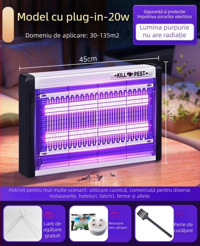 Lampă LED montată pe perete pentru țânțari, cu atracție prin lumină și șoc electric, plasă din aluminiu, adecvată pentru 61 m² sau mai mult, garanție de 2 ani