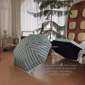 Umbrelă cu mâner lung, dungă vintage, pentru soare și ploaie, compactă, deschidere automată, țesătură 190T, UPF>50
