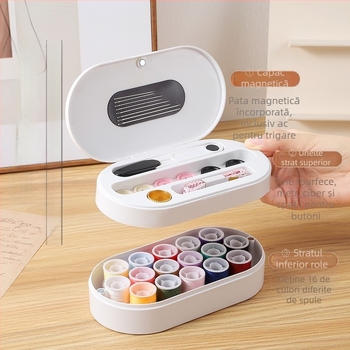 Cutie magnetică pentru ace și ață, stil de buzunar portabil, set 84 buc., materiale ABS, magnet, folie magnetică adezivă, pachet cusut