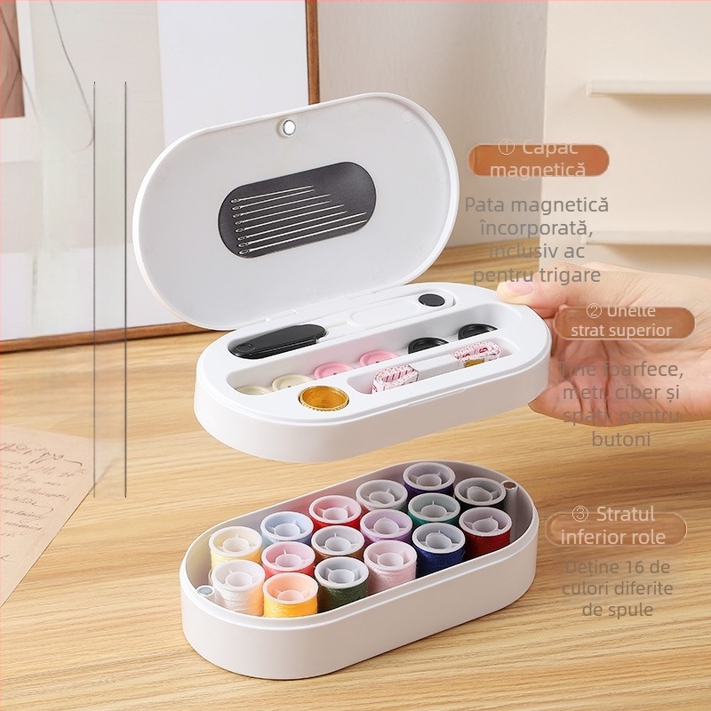 Cutie magnetică pentru ace și ață, stil de buzunar portabil, set 84 buc., materiale ABS, magnet, folie magnetică adezivă, pachet cusut