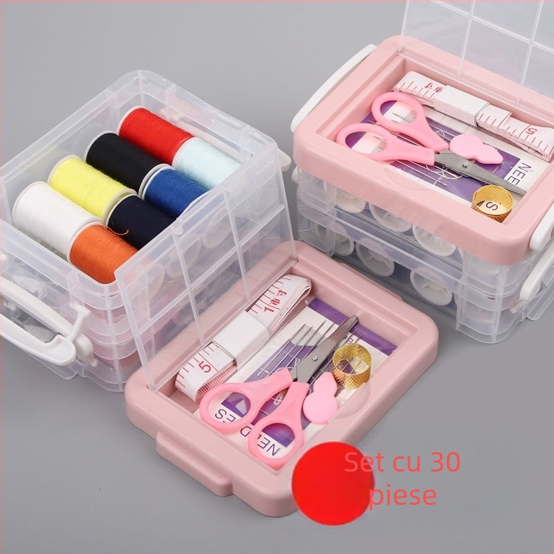 Kit de cusut cu cutie dublă, pentru cămine studențești, stil scandinav, depozitare din plastic, 120 de piese