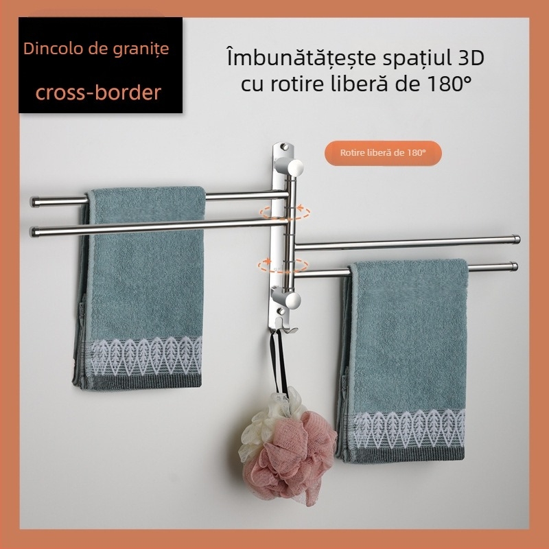 Bară de prosoape din oțel inoxidabil, rotativă, fără găuri, pliabilă, depozitare multifuncțională, capacitate 10 kg