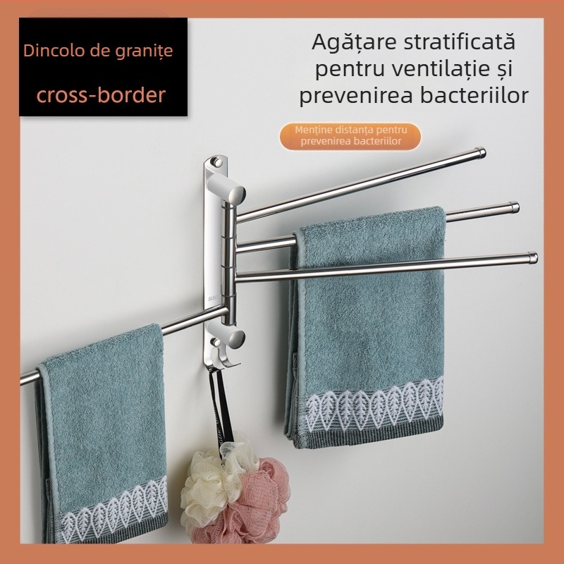 Bară de prosoape din oțel inoxidabil, rotativă, fără găuri, pliabilă, depozitare multifuncțională, capacitate 10 kg