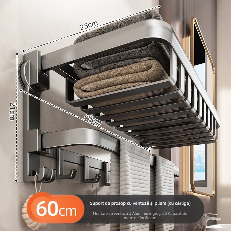 Suport de prosoape montat pe perete, cu ventuze, din fier, încărcare 5 kg, 1 etaj, stil modern minimalist, fără găuri