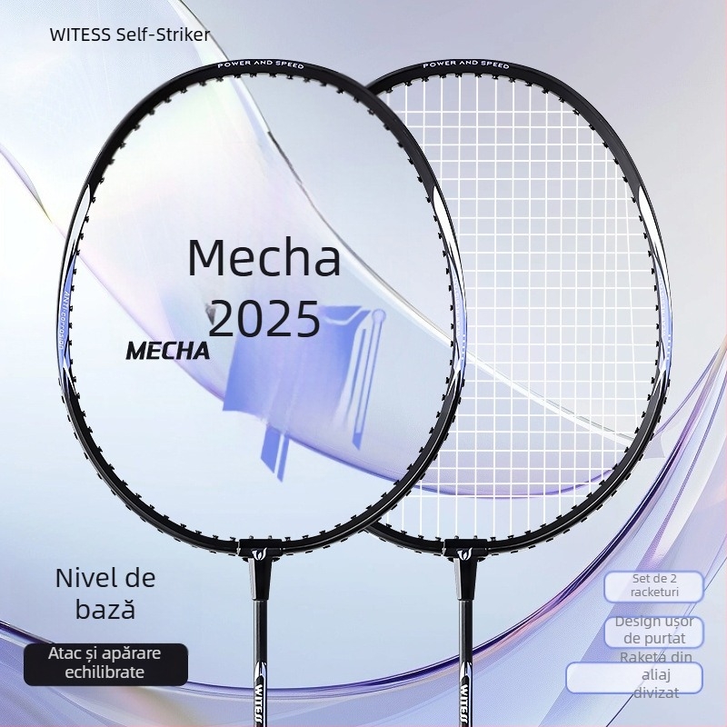 Rachetă de badminton Witess – cadru din aliaj de aluminiu, greutate 95–100 g, mâner G4, șnururi din nailon, tijă dreaptă – set dublu de rachete pentru antrenament