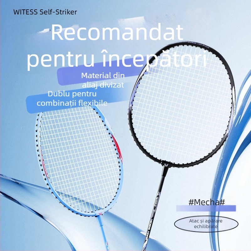 Rachetă de badminton Witess – cadru din aliaj de aluminiu, greutate 95–100 g, mâner G4, șnururi din nailon, tijă dreaptă – set dublu de rachete pentru antrenament