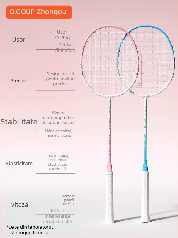 Set de rachete badminton, ramă din aliaj de fier, șnururi din nailon, greutate 95–100 g, mâner G5, tip rachetă: dreaptă