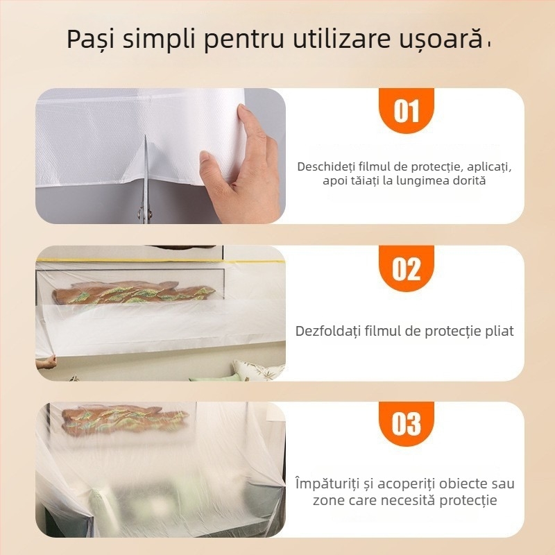 Film de protecție împotriva prafului pentru mobilier – seria Dustproof film, material: PE film + bandă washi, grosime 60–70 μm, bază de hârtie japoneză, adeziv pe bază de apă, transmisie 80%