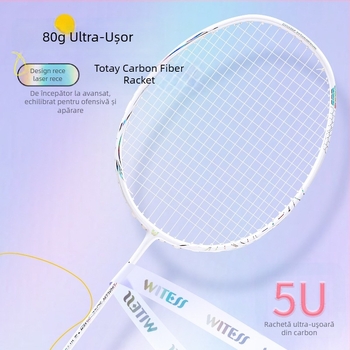 Rachetă de badminton pentru bărbați și femei, cadru din fibră de carbon, greutate 80–84 g, mâner cu grosimea G4, lovitură directă, șnururi din nylon
