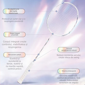 Rachetă de badminton pentru bărbați și femei, cadru din fibră de carbon, greutate 80–84 g, mâner cu grosimea G4, lovitură directă, șnururi din nylon