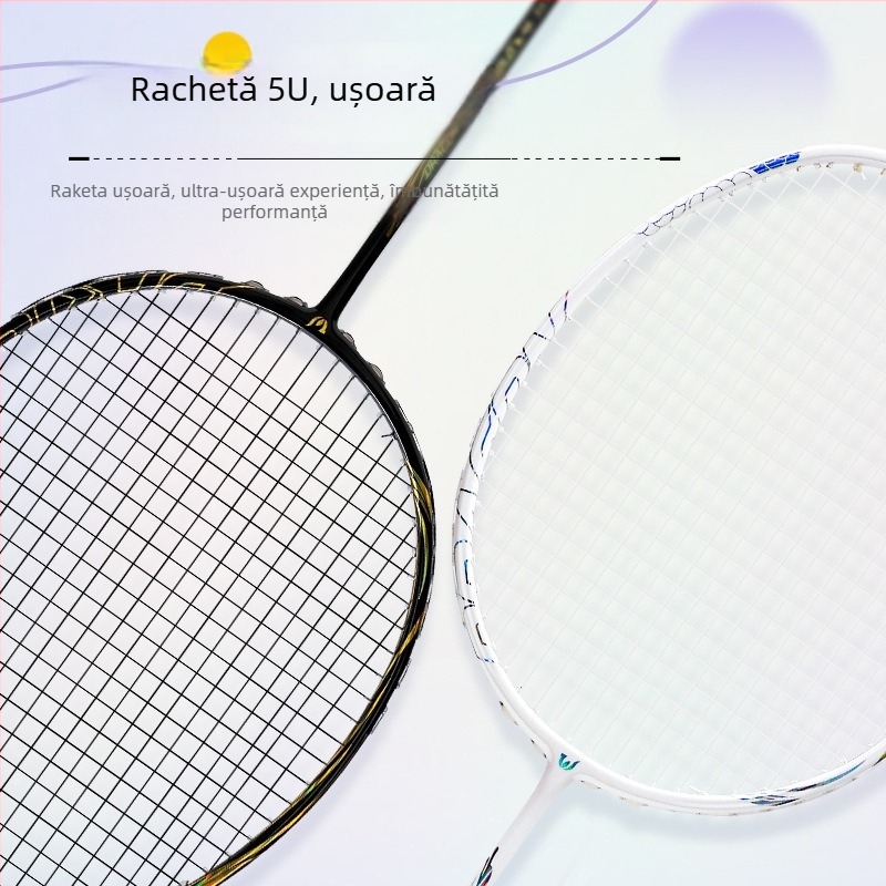 Rachetă de badminton pentru bărbați și femei, cadru din fibră de carbon, greutate 80–84 g, mâner cu grosimea G4, lovitură directă, șnururi din nylon