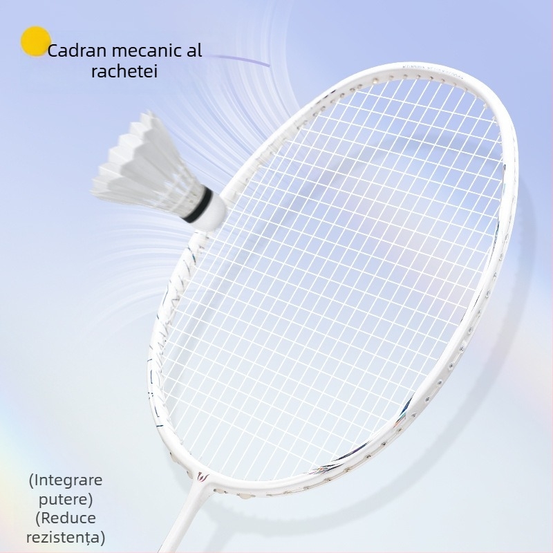 Rachetă de badminton pentru bărbați și femei, cadru din fibră de carbon, greutate 80–84 g, mâner cu grosimea G4, lovitură directă, șnururi din nylon