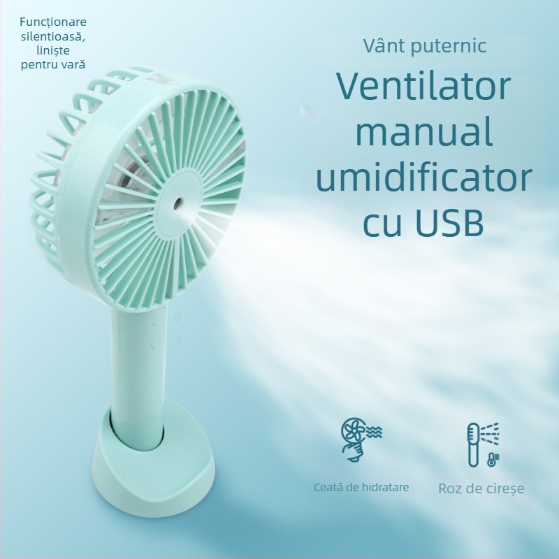Ventilator USB portabil cu ceață de apă – 3 viteze, motor brushless, baterie detașabilă 1000–1200mAh
