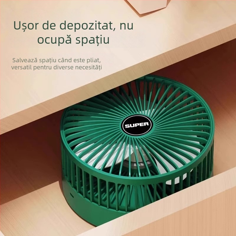 Ventilator mini USB, pliat, cu mâner telescopic retractabil, 3 palete, motor brushless, baterie încorporată, 3 trepte de viteză, silențios, pentru birou sau mână