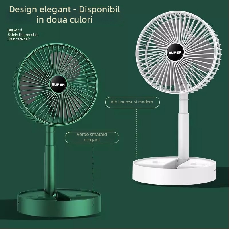Ventilator mini USB, pliat, cu mâner telescopic retractabil, 3 palete, motor brushless, baterie încorporată, 3 trepte de viteză, silențios, pentru birou sau mână